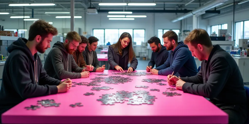 a group of people working on a project together in a factory or workshop with a pink table and a pin
