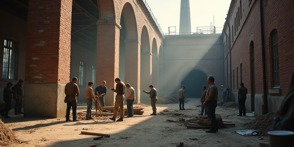 a group of people working on a project in a factory area with a brick wall and a brick building, Cef