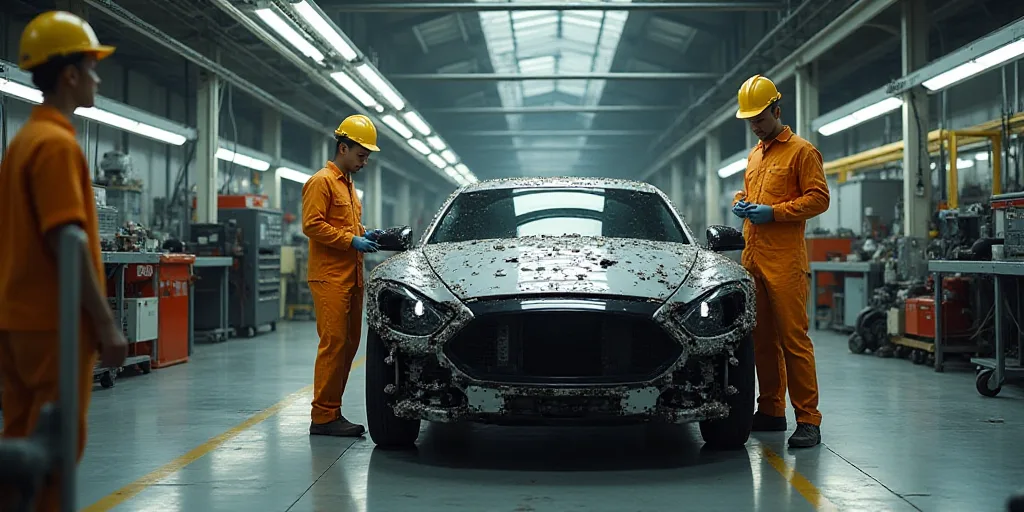 a group of people working on a car in a factory area with workers standing around and looking at the