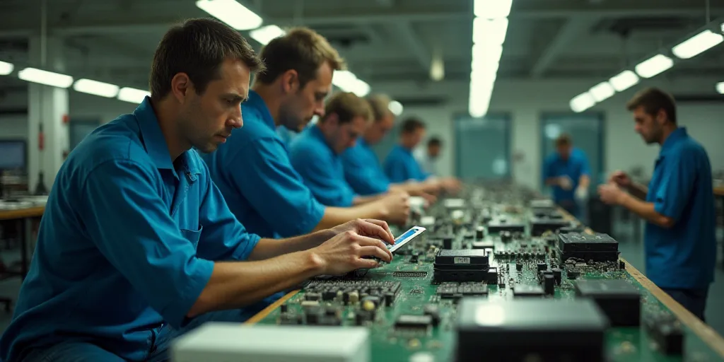 a group of people working on electronics in a factory or assembly line, with one man holding a devic
