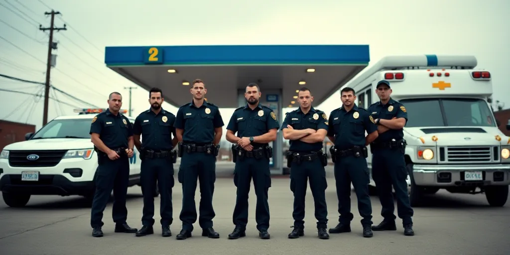 a group of police officers standing in front of a gas station with their vehicles parked in front of