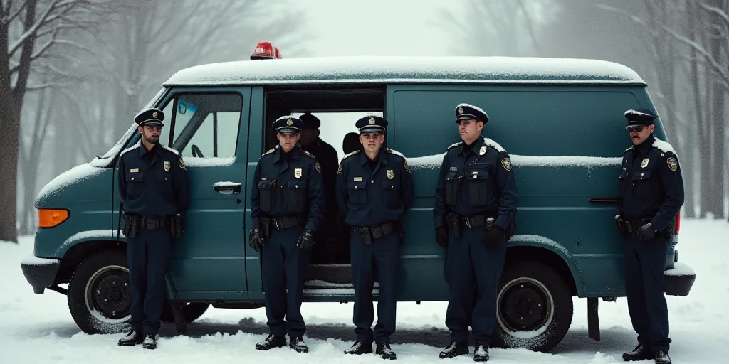 a group of police officers standing next to a van with their hands in the door of the van and one ma
