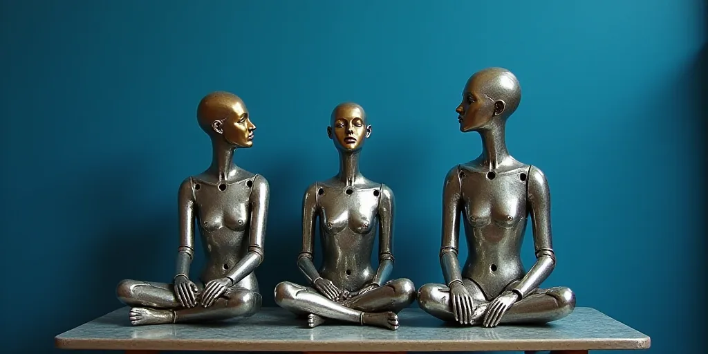 a group of silver statues sitting next to each other on a table with a blue background and a blue wa