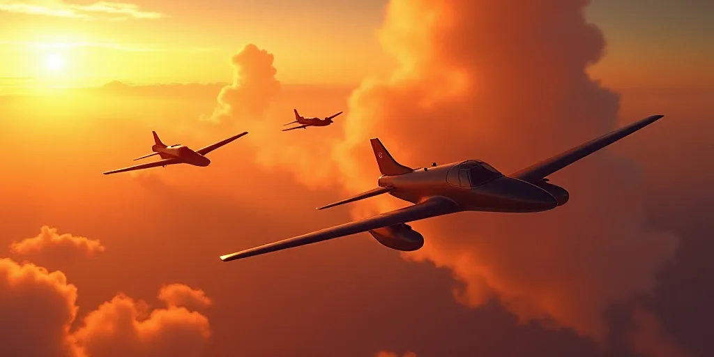 a group of small airplanes flying through a sky filled with orange smoke and flames in the backgroun