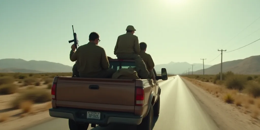 a group of soldiers riding on the back of a truck down a road with a gun in hand and another soldier