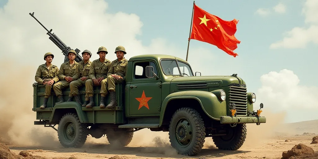 a group of soldiers sitting on the back of a truck with a gun in the back of it and a flag on the ba