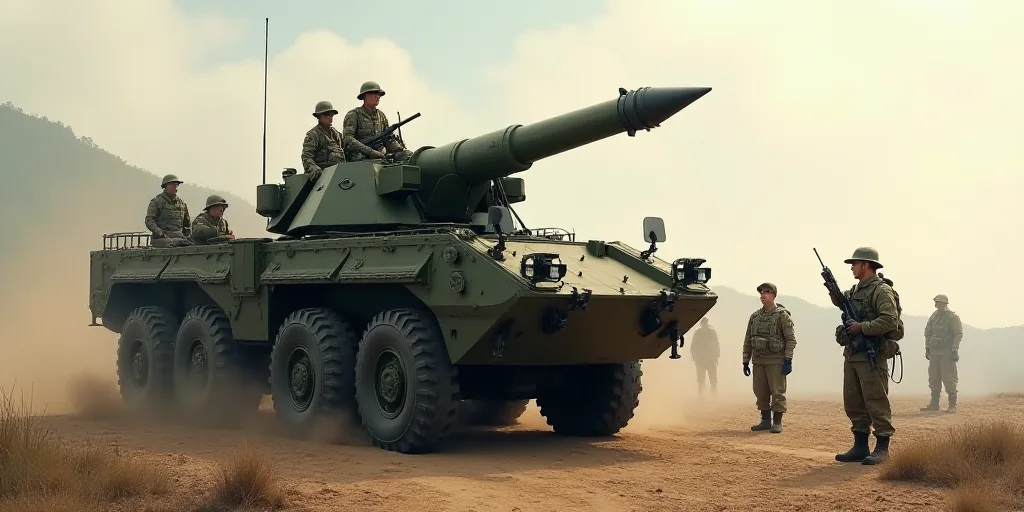 a group of soldiers standing around a military vehicle with a rocket on top of it and a man standing