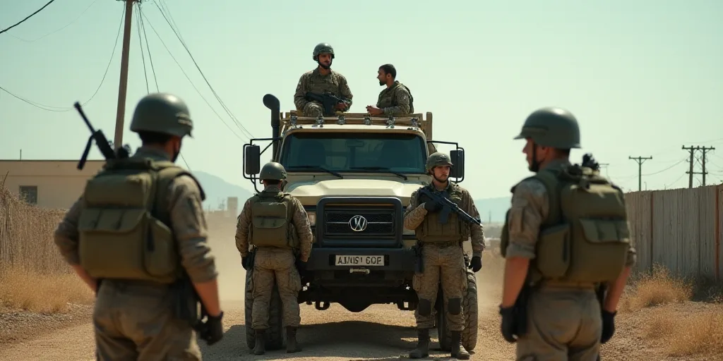 a group of soldiers standing around a truck with a man on top of it and a man in the back of the tru