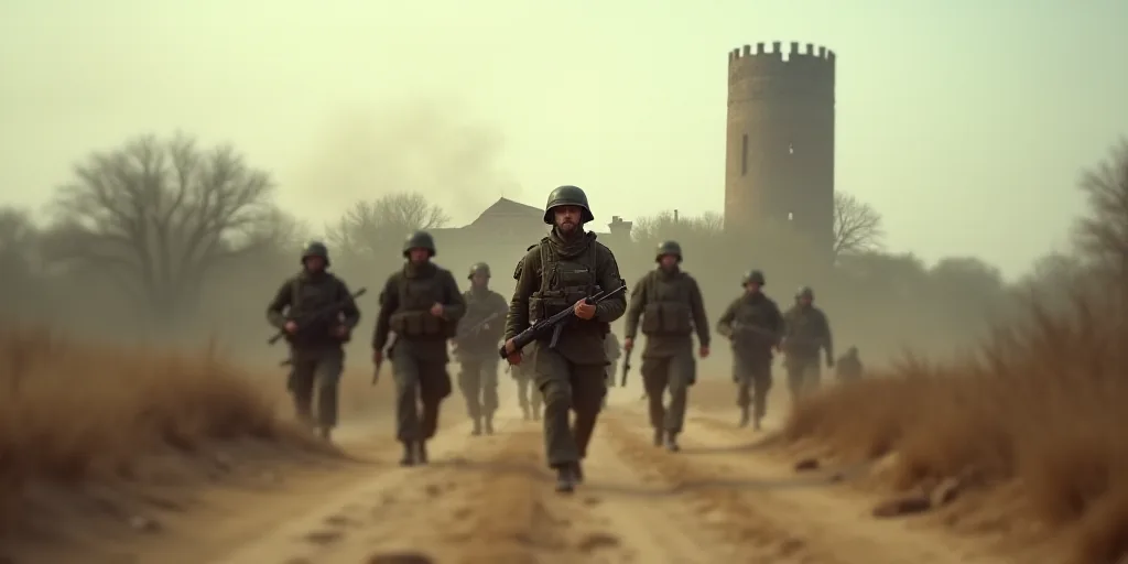 a group of soldiers walking through a dirt field in front of a building with a large tower in the ba