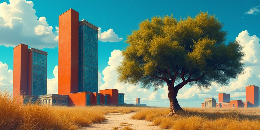 a group of tall buildings with a sky background and a tree in the foreground with a blue sky, David