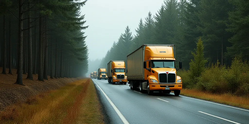 a group of trucks driving down a road next to a forest filled with trees and bushes on both sides of