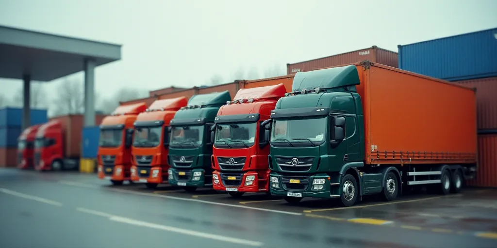 a group of trucks parked next to each other on a road near a loading dock with containers on top of
