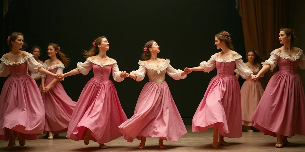 a group of women in pink dresses dancing on stage with one woman in the middle of the group and one