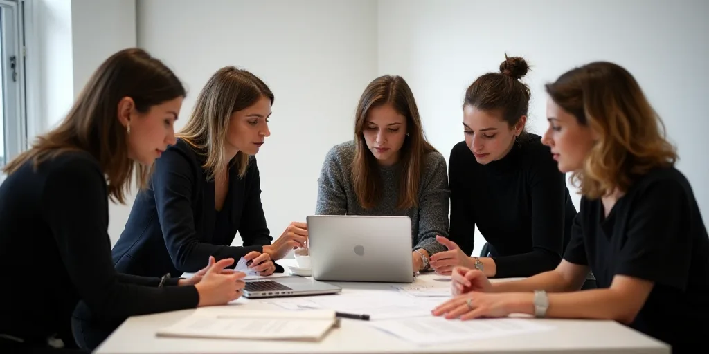 a group of women standing around a table in a room with a laptop and papers on it, looking at a tabl
