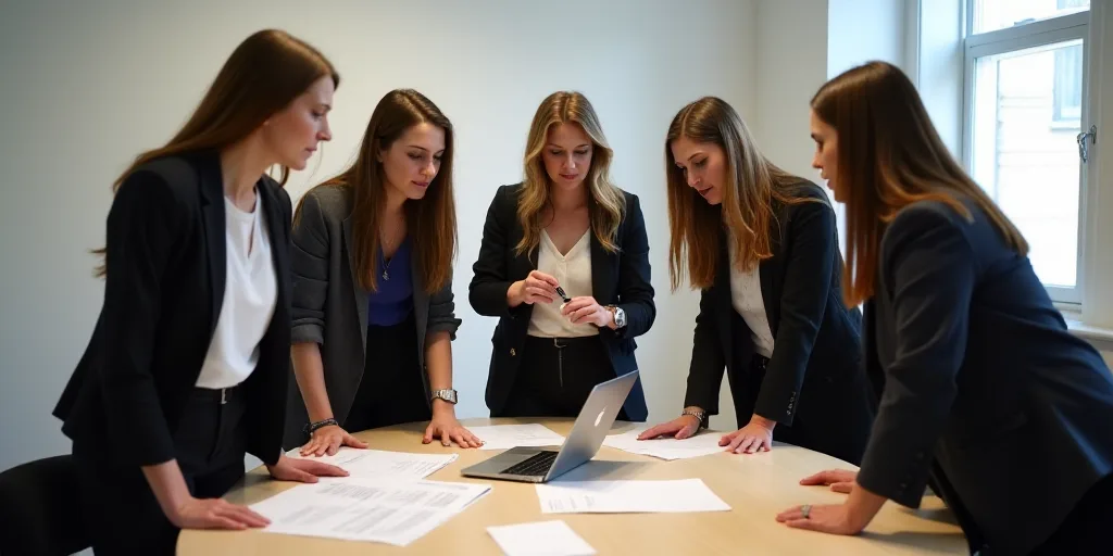 a group of women standing around a table in a room with a laptop and papers on it, looking at a tabl