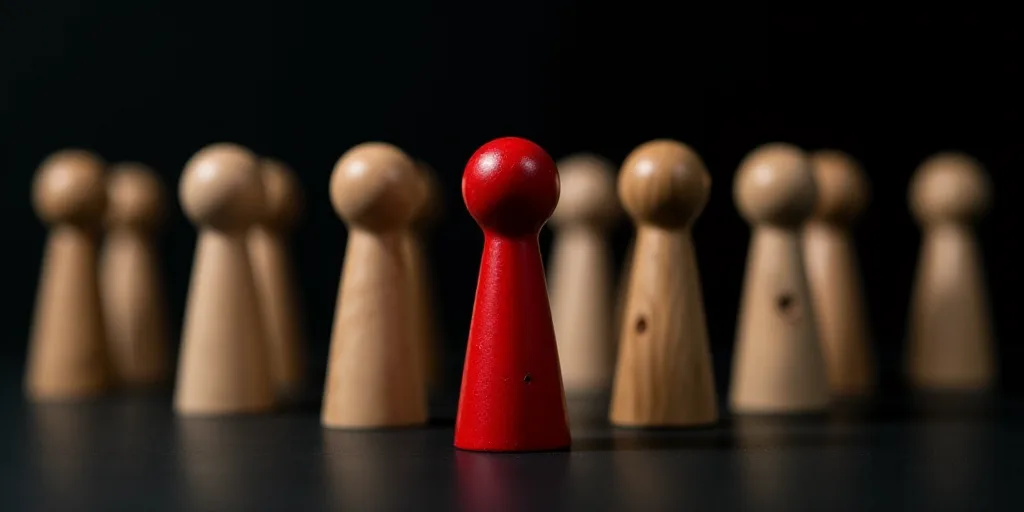 a group of wooden pegs standing in a row on a black surface with a red one in the middle, Bernd Fasc