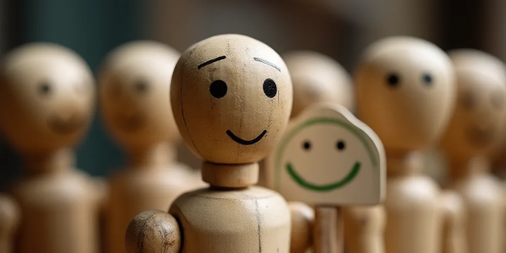 a group of wooden people with faces drawn on them and a sign with a green smiley face on it, Évaris