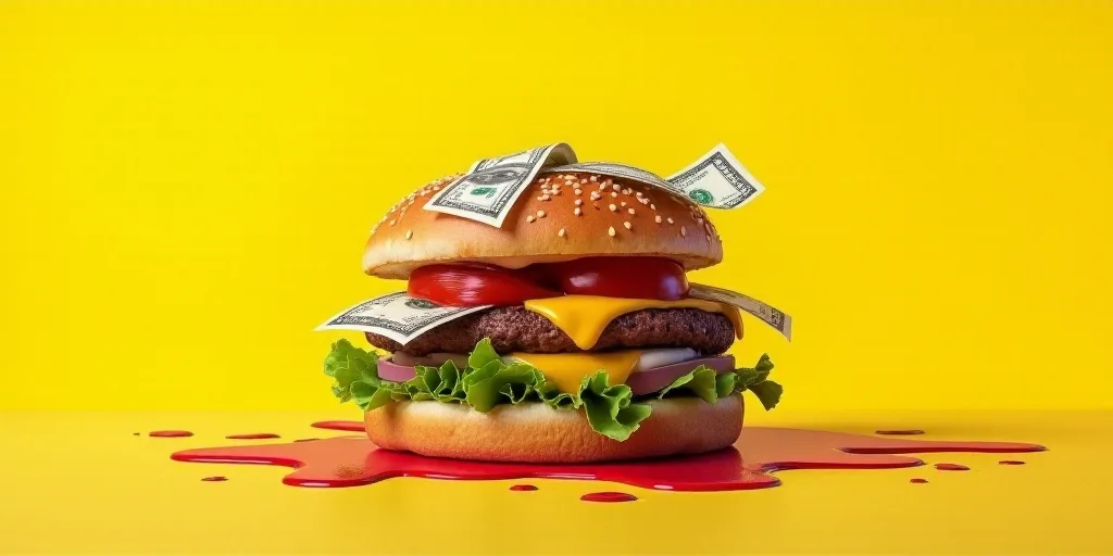 a hamburger with a lot of money on it and a yellow background with a splash of paint on it, Andries