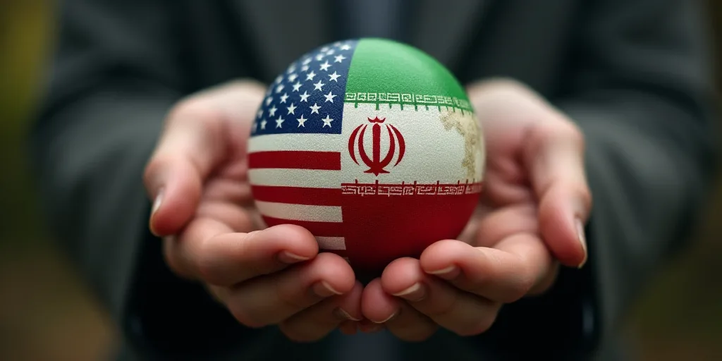 a hand holding a ball with the flag of the united states and the flag of the islamic republic on it,