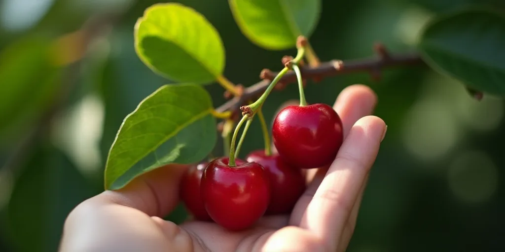a hand holding a branch with three cherries on it, and a leaf in the background, with a person's han