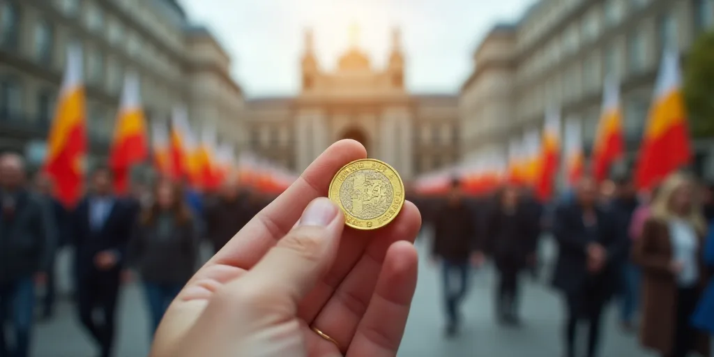 a hand holding a coin in front of a group of people in a city with flags and signs above them, Cefer