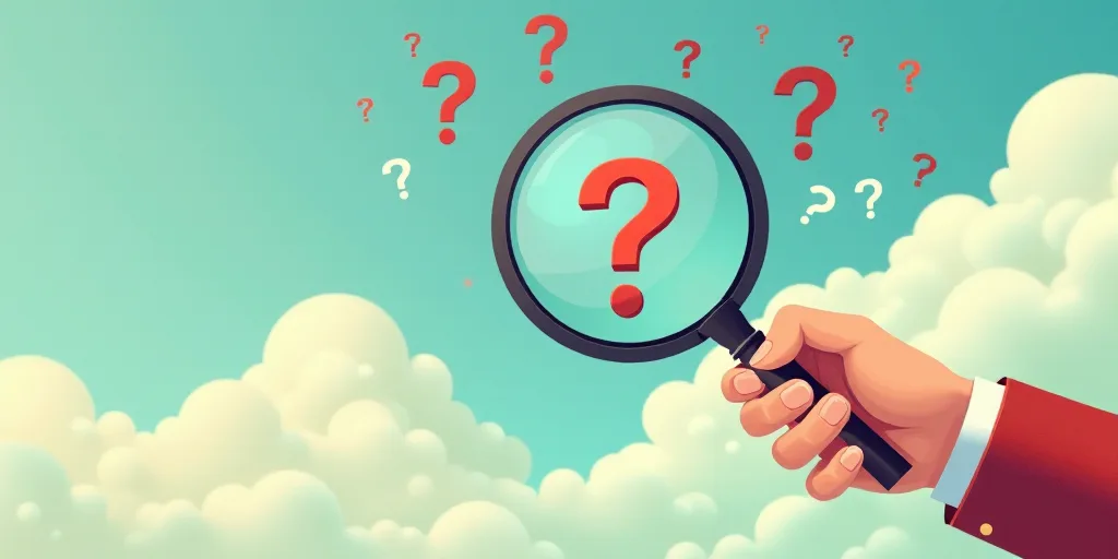 a hand holding a magnifying glass with question marks coming out of it and a sky background with clo
