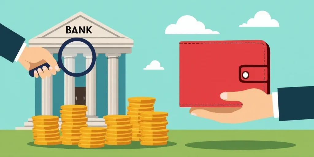 a hand holding a red wallet and a stack of coins with a magnifying glass in front of a bank, Chica M