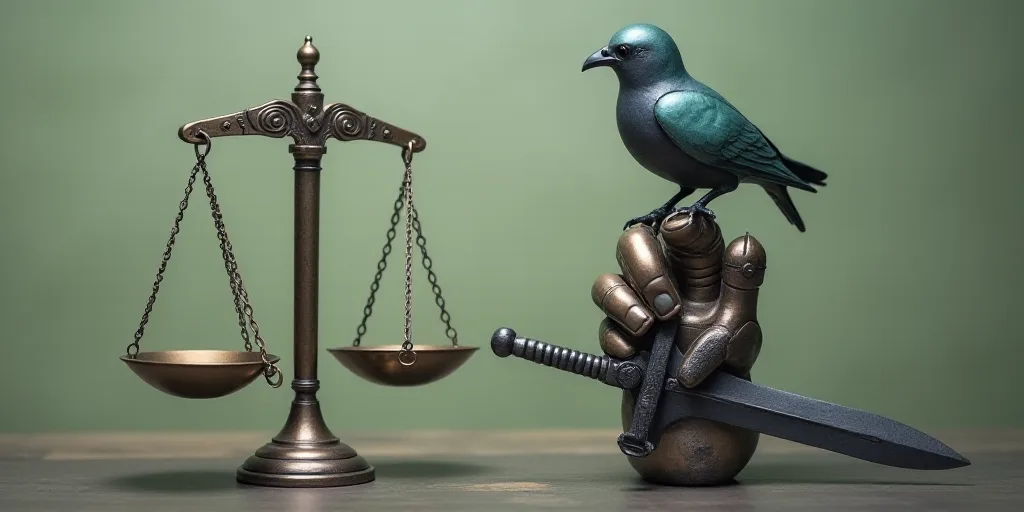 a hand holding a scale and a sword with a bird on it, and a bird on top of a scale, Andries Stock, c