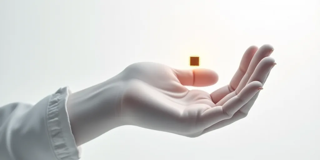 a hand holding a small electronic chip in it's palm, with a white background and a white background,