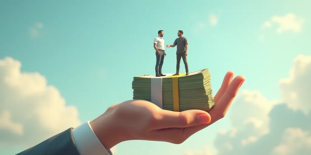 a hand holding a stack of money with two men standing on top of it and a sky background with clouds,