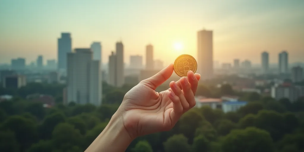 a hand is reaching for money in front of a city skyline with trees and buildings, with a hand reachi