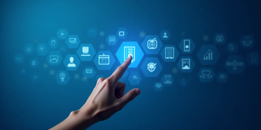 a hand pointing at a blue wall with a bunch of icons on it and a finger pointing at it, Andries Stoc