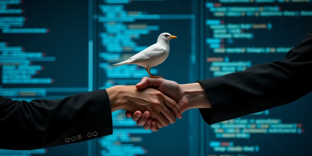 a hand shaking another hand with a bird on top of it, in front of a computer screen with a backgroun