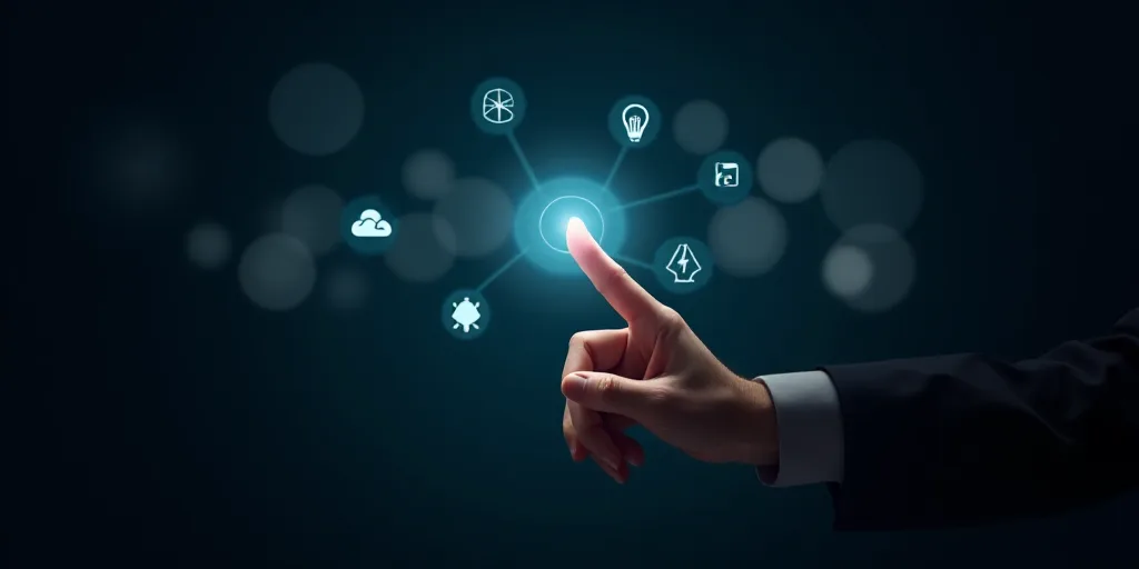 a hand touching a button with a light on it and icons surrounding it on a dark background with boke,
