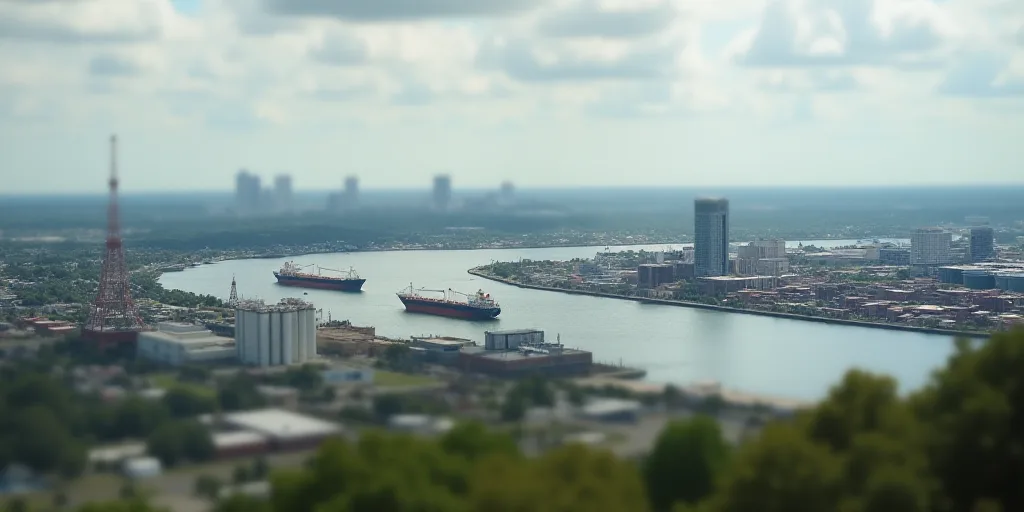 a harbor with several large ships in it and a city in the background with a large industrial area in