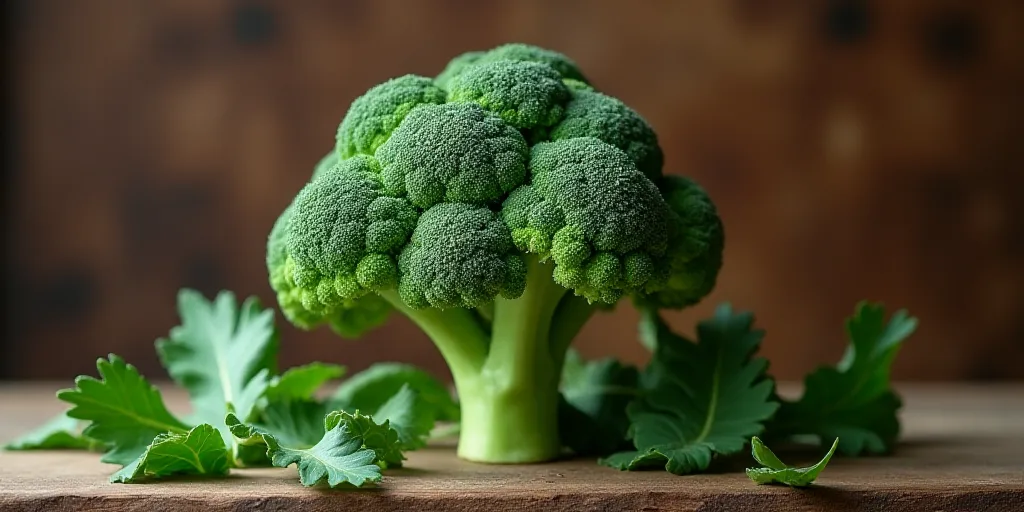 a head of broccoli on a wooden surface with leaves and leaves around it, with a wooden background, B