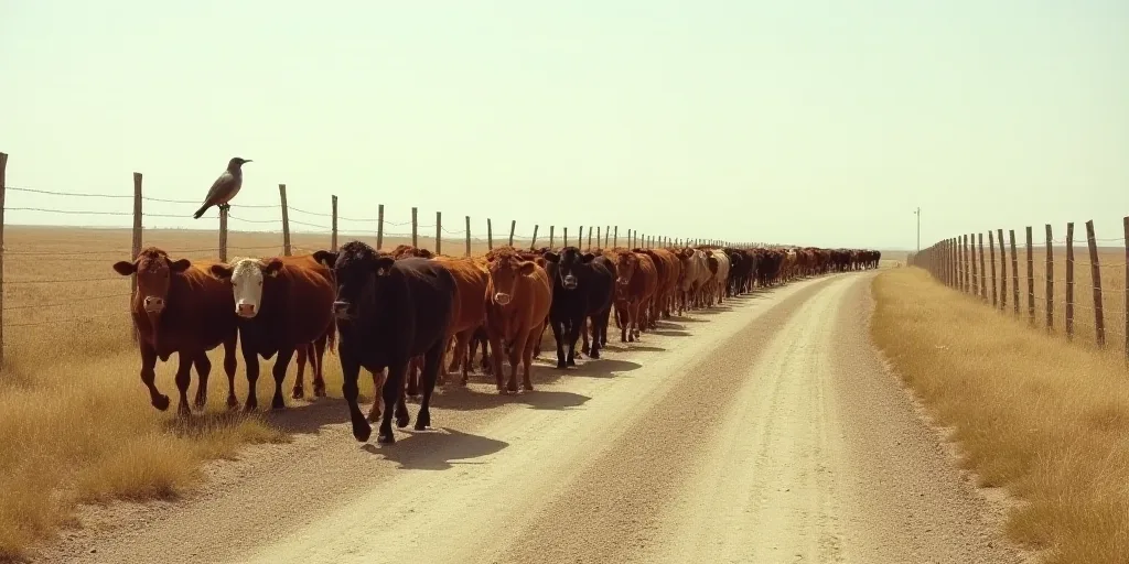 a herd of cattle walking down a dirt road next to a fenced in area with a bird on top of the fence,