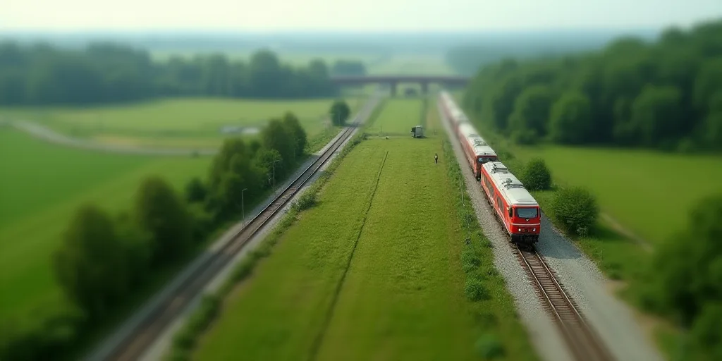 a highway going through a green field with a bridge in the background and a red and white train on t
