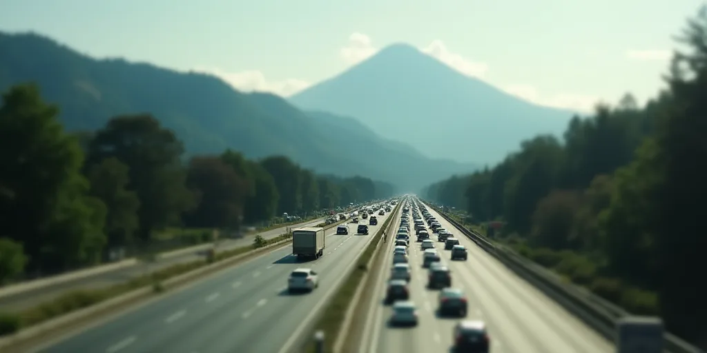 a highway with a bunch of cars driving on it and a mountain in the background with trees on the side