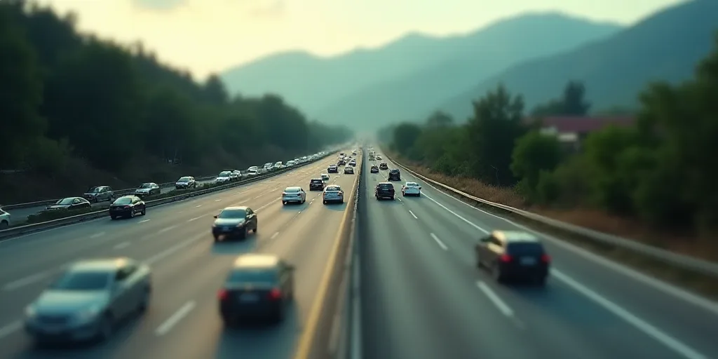 a highway with a bunch of cars driving on it and a mountain in the background with trees on the side