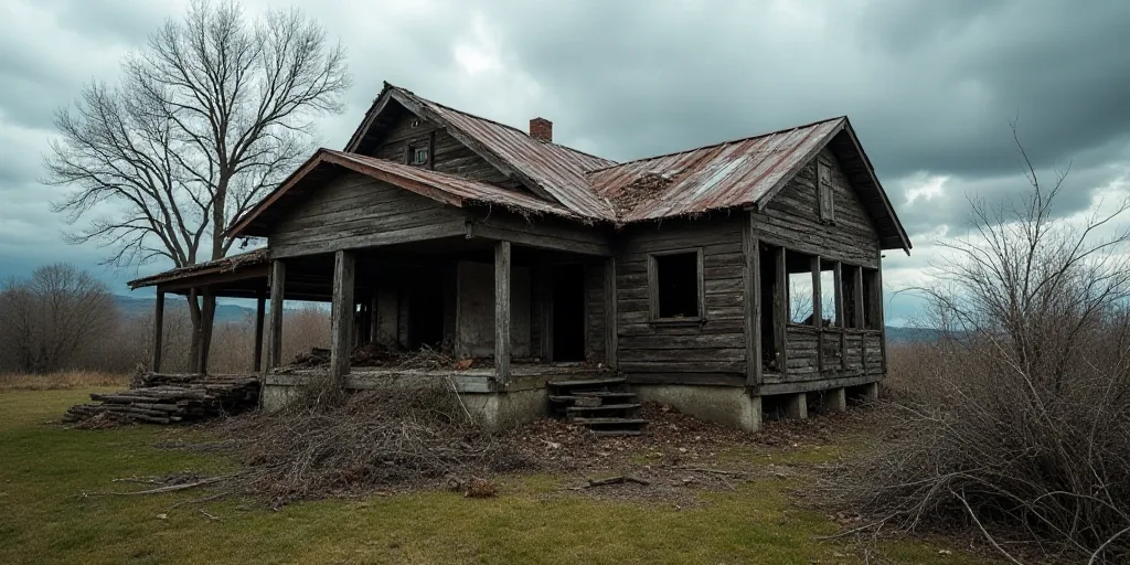 a house that has been destroyed and is falling apart and has been gutted with a metal roof and a pil