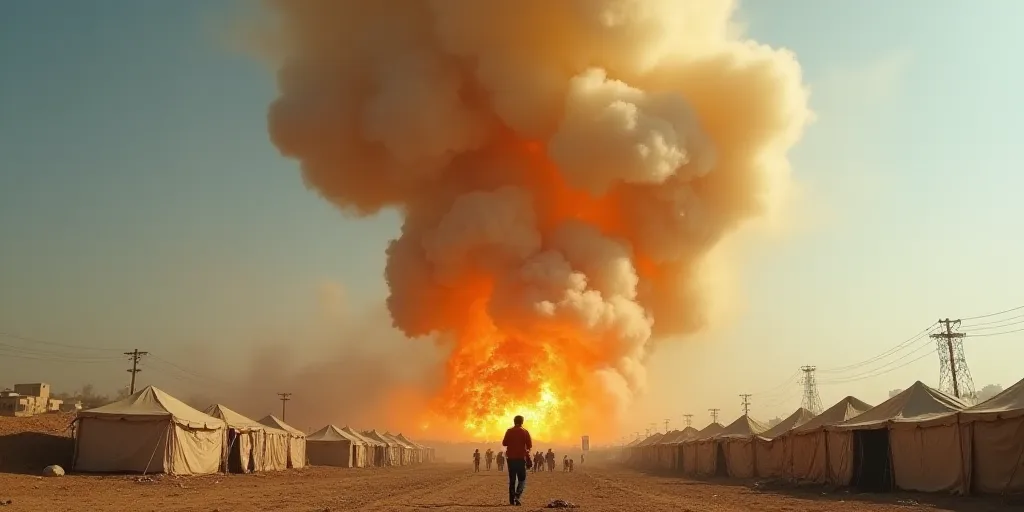 a huge explosion of smoke and dust in a city with tents and people walking around it and a sky backg