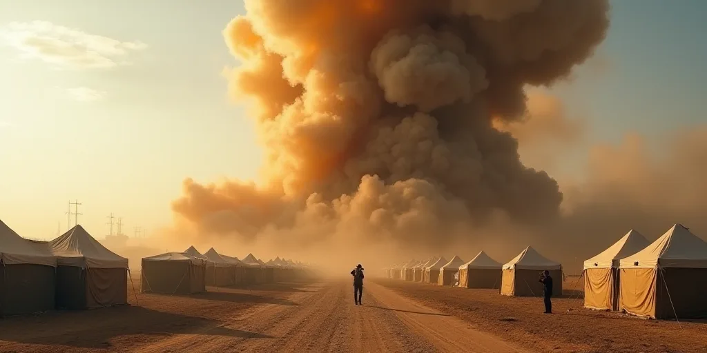 a huge explosion of smoke and dust in a city with tents and people walking around it and a sky backg