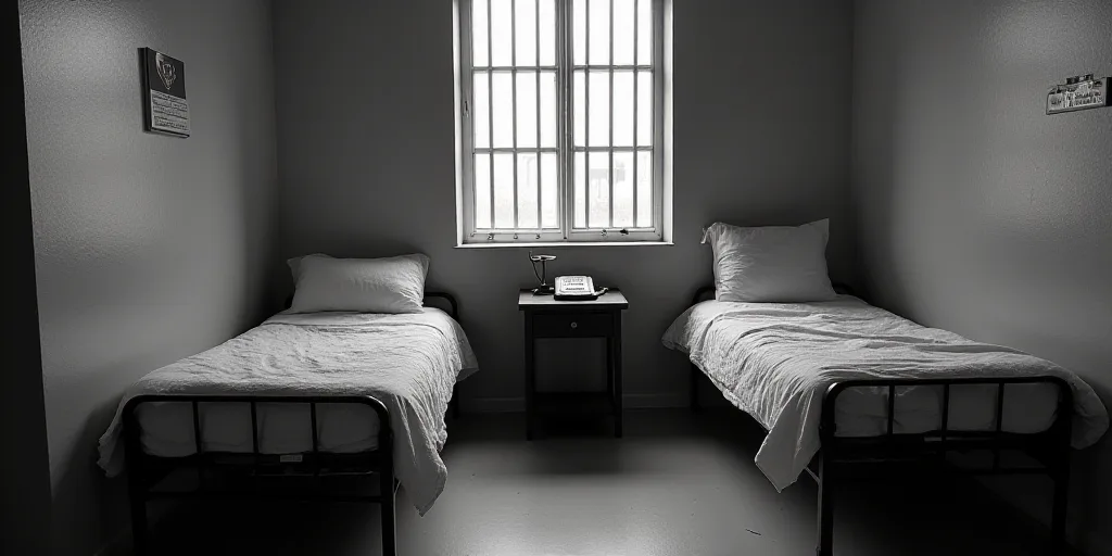 a jail cell with two beds and a table with a phone on it and a window behind them that has bars, Arl