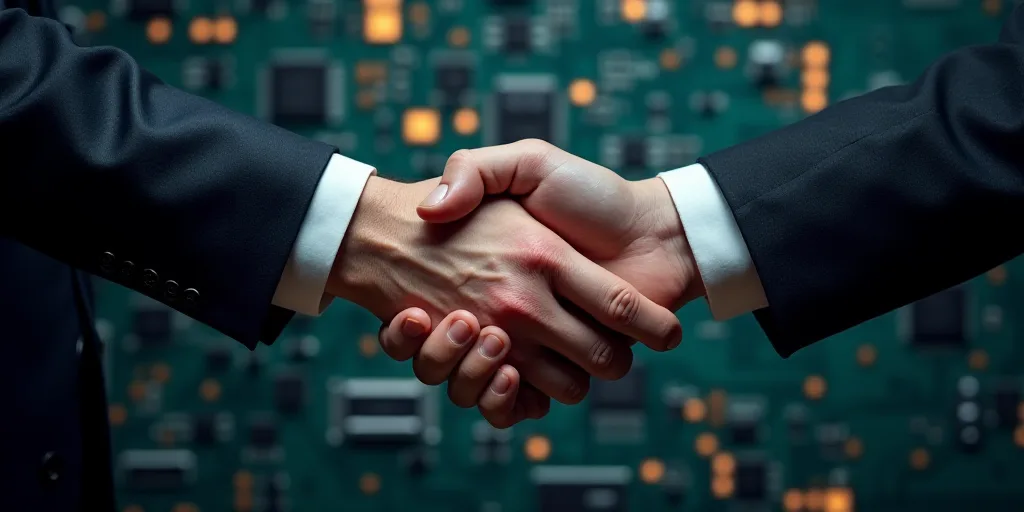 a judge and a judge's hand shaking hands over a circuit board background with a circuit board printe