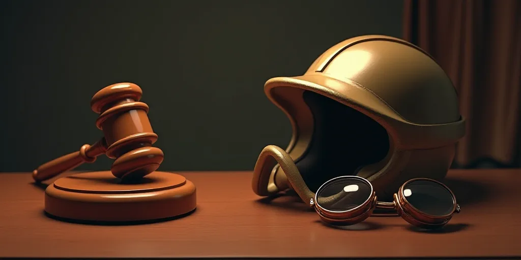 a judge's gavel and a helmet on a table with a pair of goggles on it, Evelyn Abelson, well - rendere