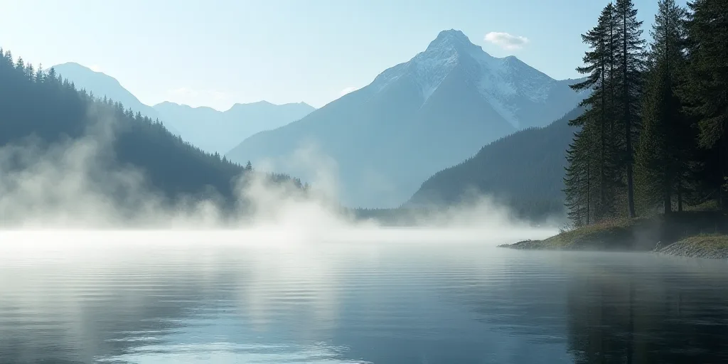 a lake with a mountain in the background and steam rising from the water's surface and trees on the