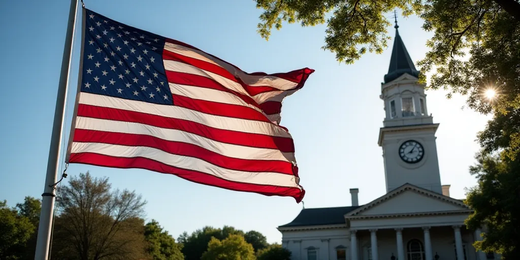 a large american flag flying in front of a building with a clock tower in the background and a tree