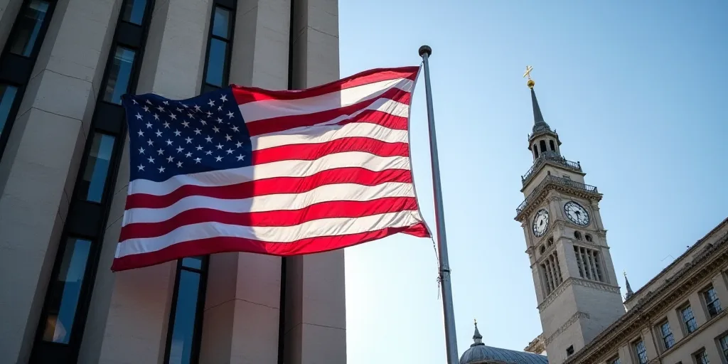 a large american flag flying in front of a building with a clock tower in the background and a build
