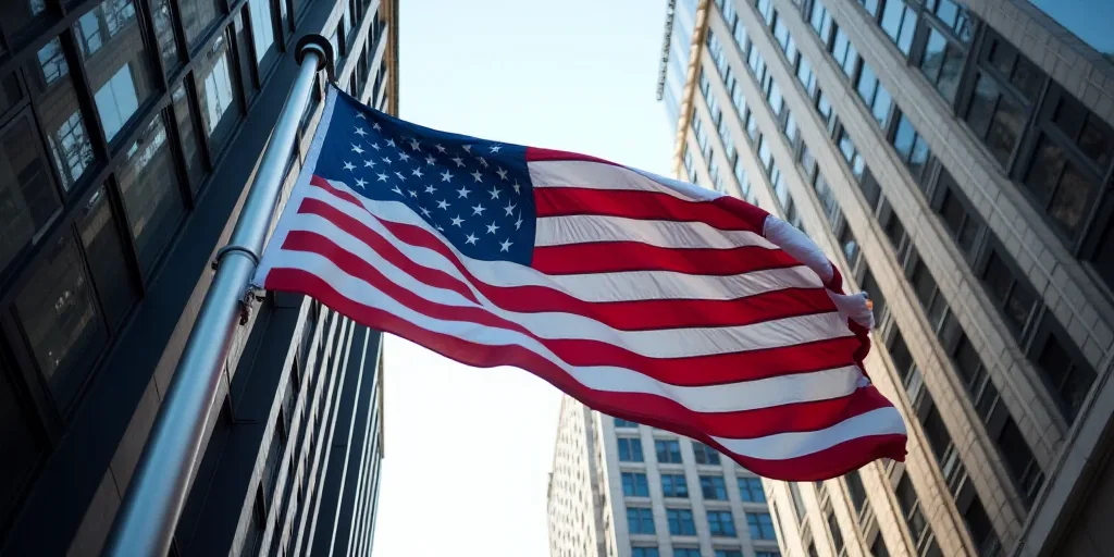 a large american flag is hanging from a building in new york city, usa, on a flagpole, Andries Stock